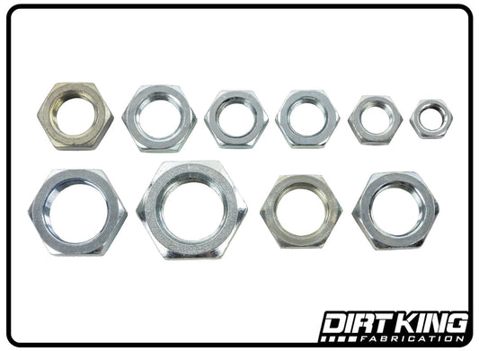 Dirt King zinc-plated jam nuts in multiple thread sizes