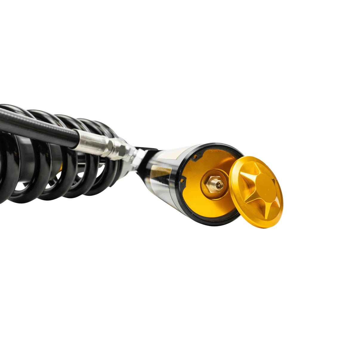Dirt King 2.5 DCA coilover reservoir Schrader valve detail
