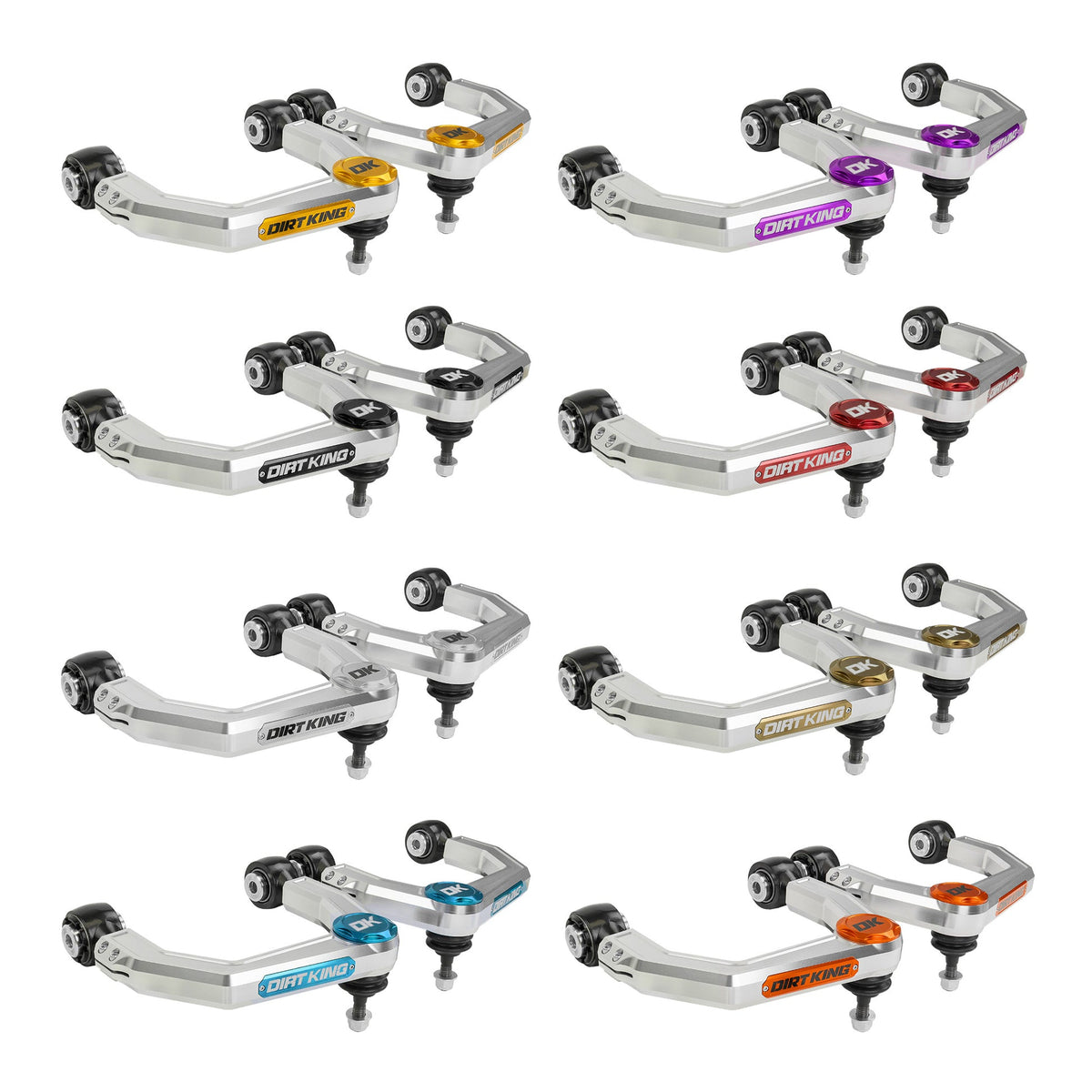 Dirt King clear billet upper control arm badge and cap color options