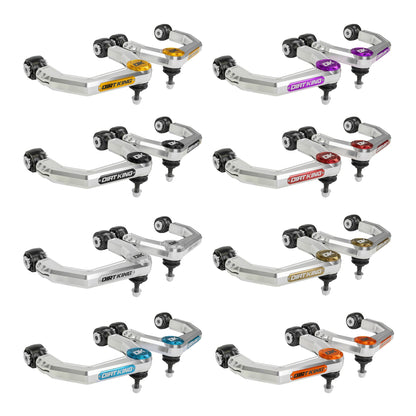 Dirt King clear billet upper control arm badge and cap color options
